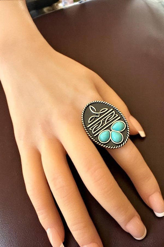 WESTERN BOOT STITCH TQ GEM ACCENT OVAL CUFF RING
