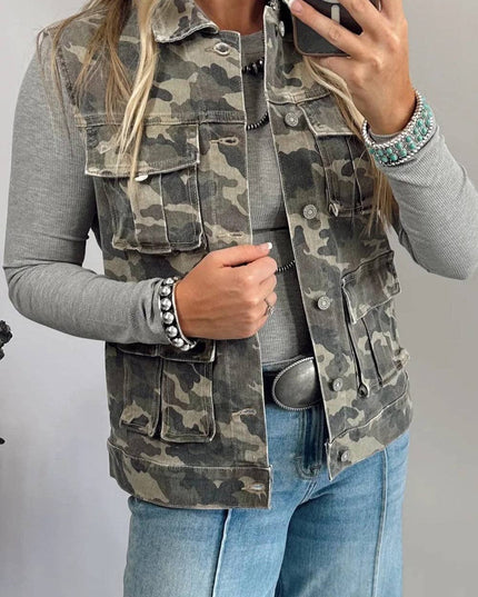 Camo Utility Cargo Denim Vest with Button Front Pockets