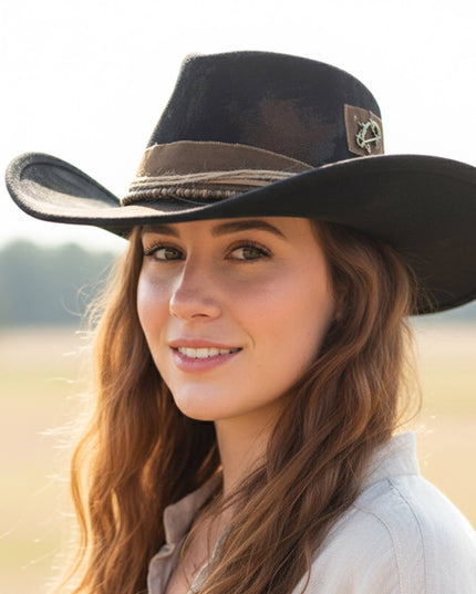 Distressed Fabric Band Rustic Cowgirl Fedora Hat