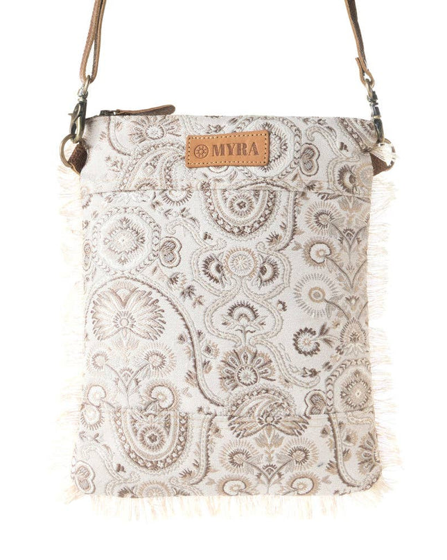 Loom Tapestry upcycled canvas crossbody Bag for Women in sage with fringe detail