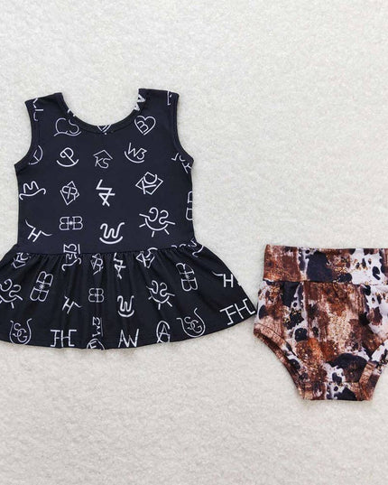 Baby Girls Western Words Sleeveless Top Cowhide Bummies Clothes Sets