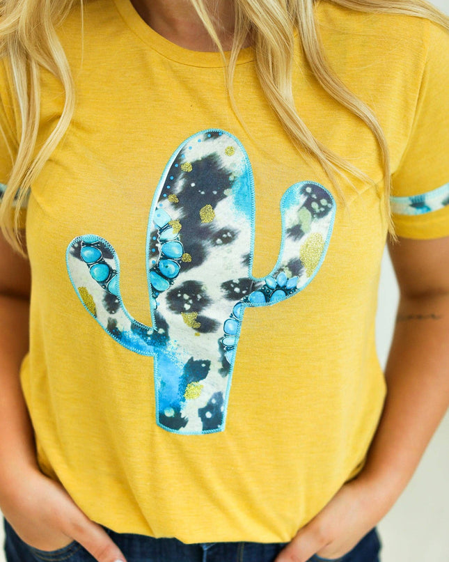 Cactus and Turquoise on Mustard Tee with Cowprint