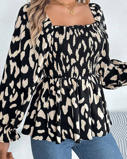 Leopard Square Neck Long Sleeves Frilled Blouse