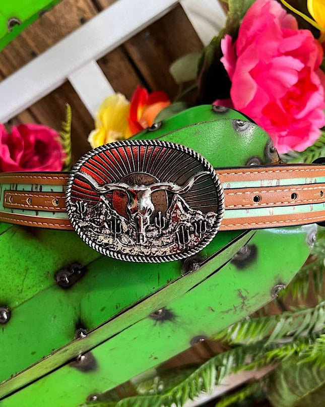 Cactus printed kids belt with longhorn cow buckle. ACG65153006 S