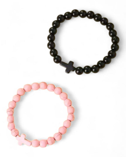 Crackled Stone Stretch Cross Bracelets in Pink or Black