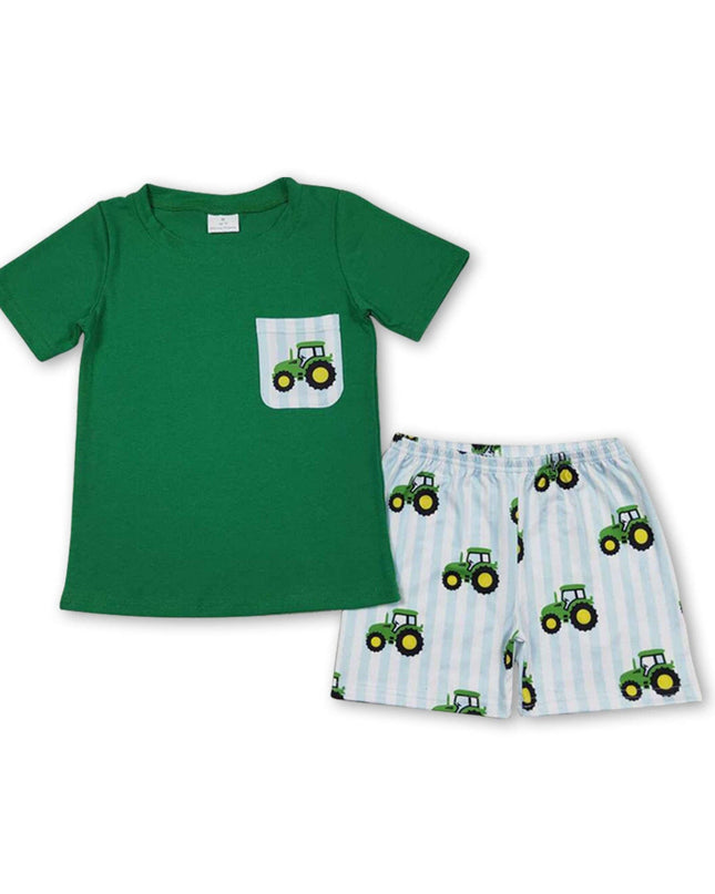 Short sleeves green pocket top tractor boys farm clothes