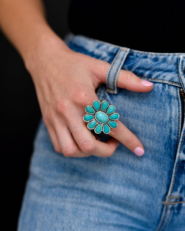 Adjustable Turquoise Flower Cluster Ring