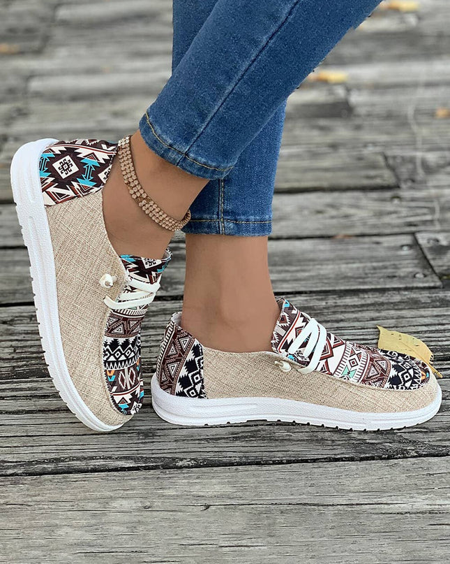 Vintage Western Patchwork Lace-up Decor Flat Shoes