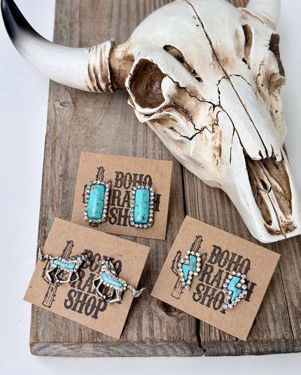 Western Style Turquoise Stone Rhinestone Stud Earrings
