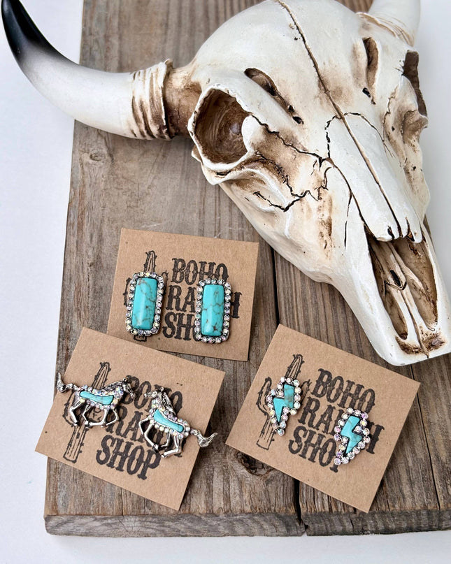 Western Style Turquoise Stone Rhinestone Stud Earrings