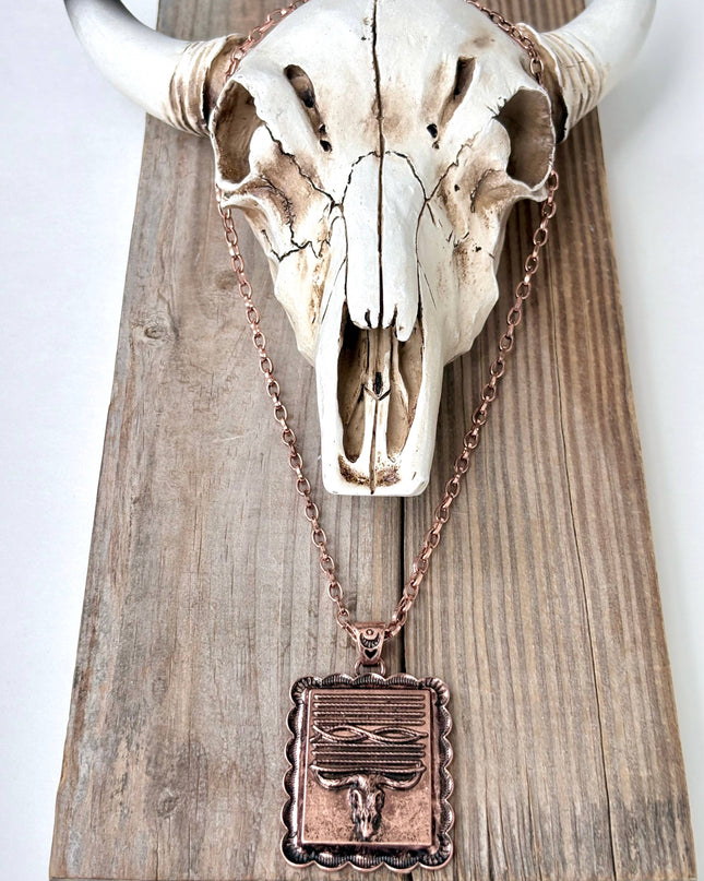 Western Style Steerhead Rectangle Pendant Necklace