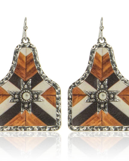 Aztec Pattern Cow Tag Hammered Metal Frame Leather Earrings