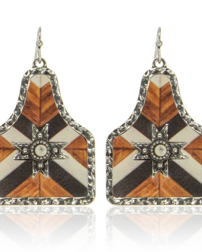 Aztec Pattern Cow Tag Hammered Metal Frame Leather Earrings