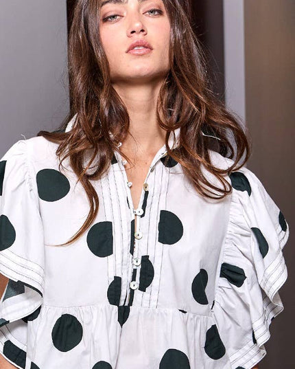 IT2337 Ruffle Sleeves Pintuck Detail Polka Dot Print top