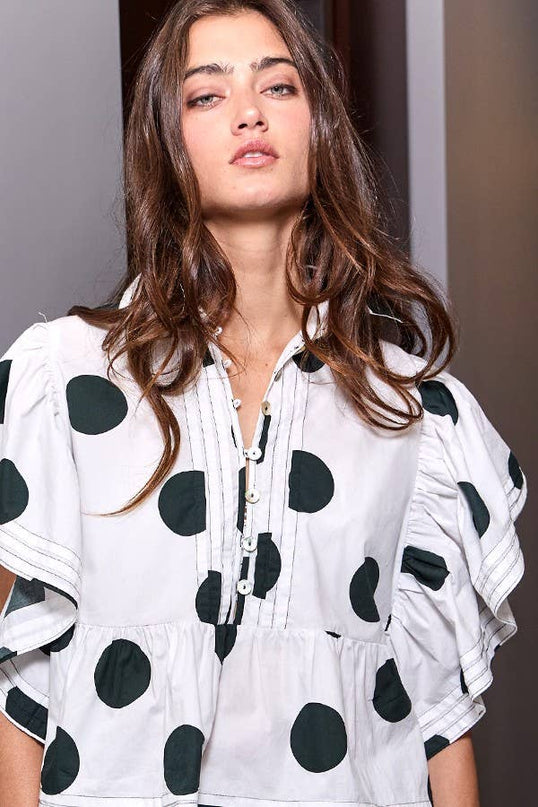 IT2337 Ruffle Sleeves Pintuck Detail Polka Dot Print top