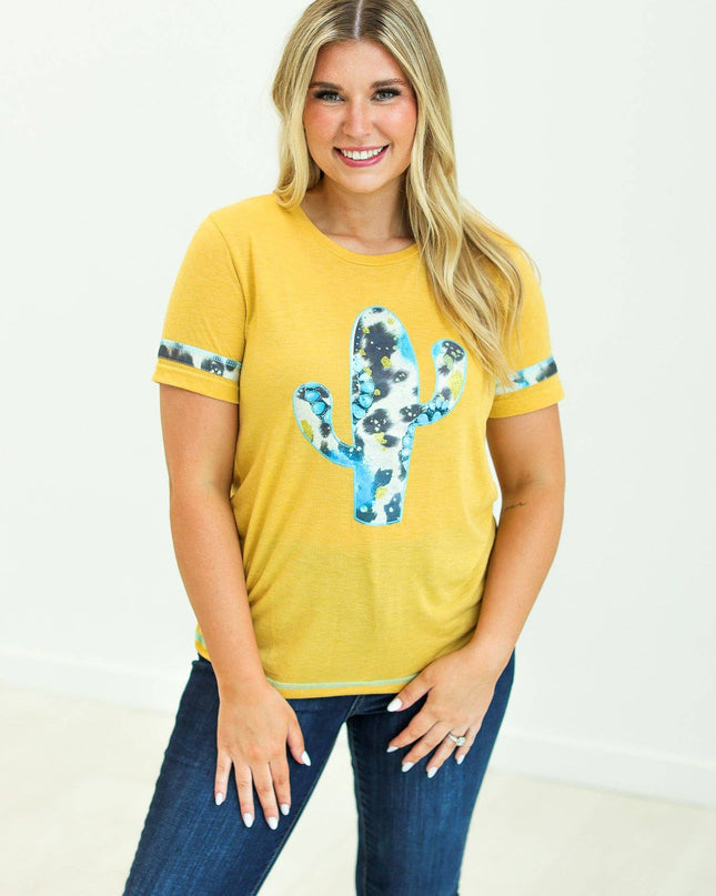 Cactus and Turquoise on Mustard Tee with Cowprint
