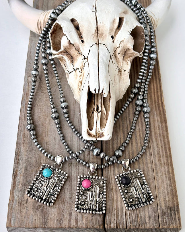 Western Cactus Turquoise Stone Navajo Pearl Pendant Necklace