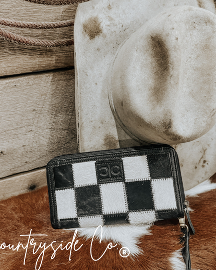 Checkered Cowhide Womens Wallet Wristlet Trendy