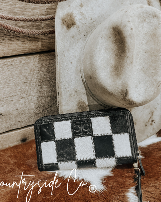 Checkered Cowhide Womens Wallet Wristlet Trendy