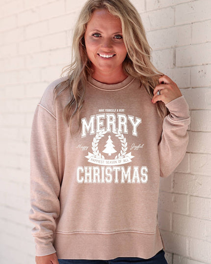 Graphic Sweatshirt - Merry Christmas Collegiate - Latte