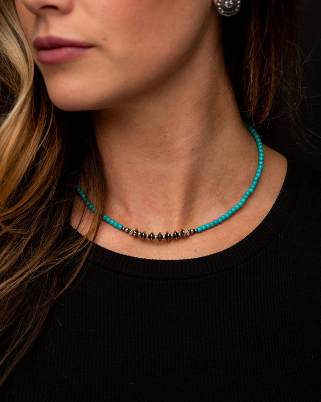 16" Dainty Green Turquoise Beaded Necklace with Silver Disc
