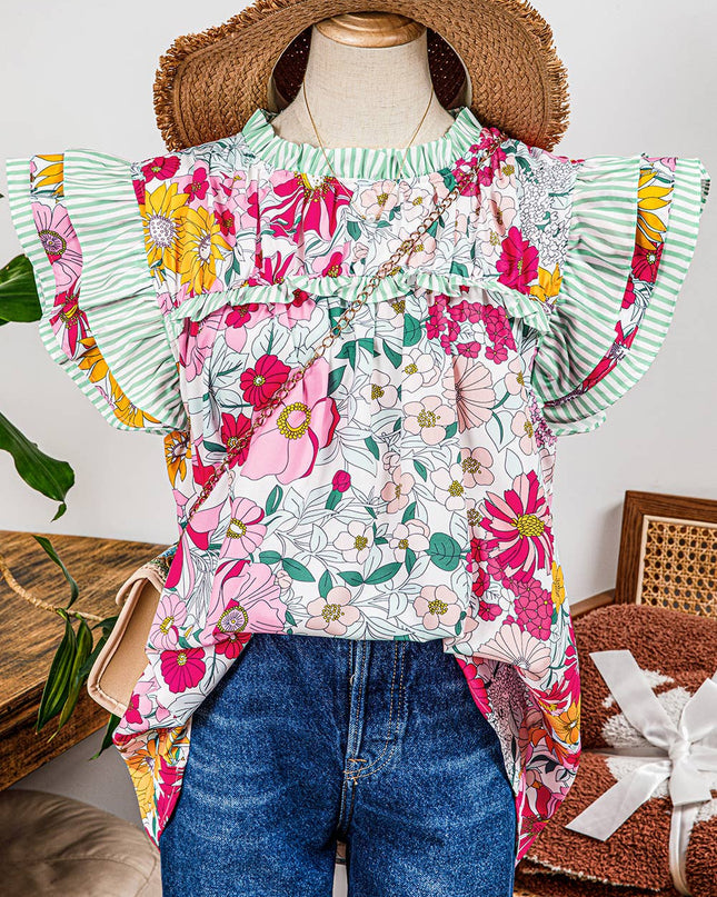 Fashion Floral Contrast Ruffle Trim Short Sleeve Boho Blouse