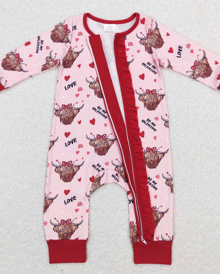 Baby Girls Western Highland Cow Valentines Hearts Zip Romper