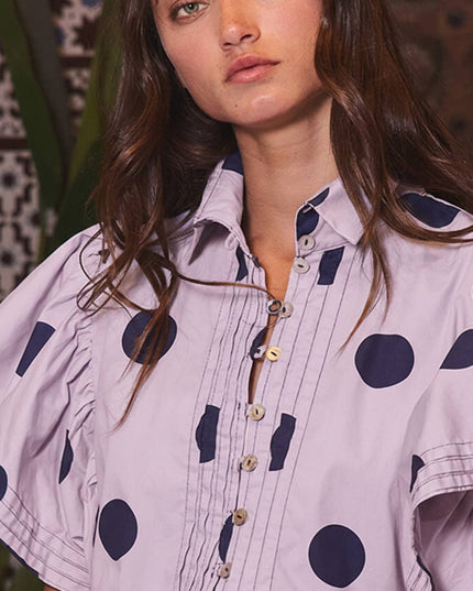 IT2337 Ruffle Sleeves Pintuck Detail Polka Dot Print top