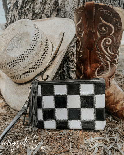 Stockyard Checkered Cowhide Wristlet Pouch