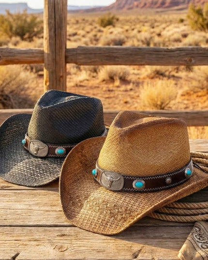 Western Long Horn Concho Strap Straw Cowboy Hat