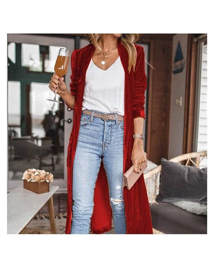 Loose Velvet Long Cardigan Coat With Elasticity