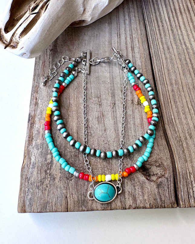 3 Layered Navajo Style Pearl Bead & Stone Concho Bracelet