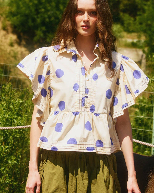 IT2337 Ruffle Sleeves Pintuck Detail Polka Dot Print top