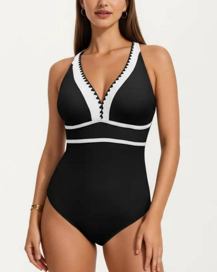 One Piece Swimsuit with Deep V Neck Contrast Trim and Sculpted Waist Design
