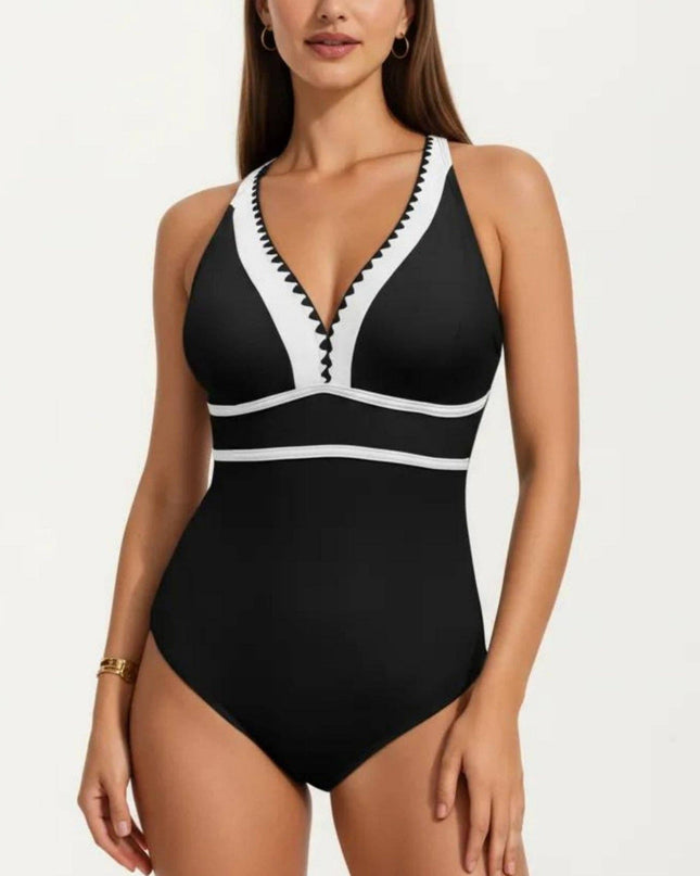One Piece Swimsuit with Deep V Neck Contrast Trim and Sculpted Waist Design