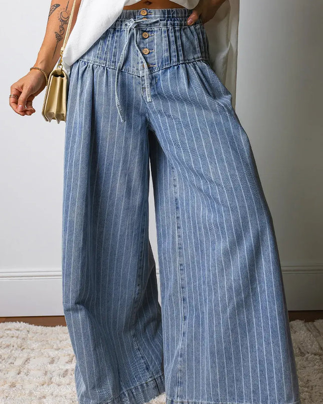 Stripe Button Pleated Drawstring Waist Casual Wide Leg Jeans