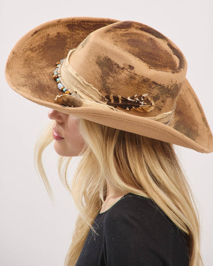 Distressed Fabric Band Feather Cowgirl Fedora Hat