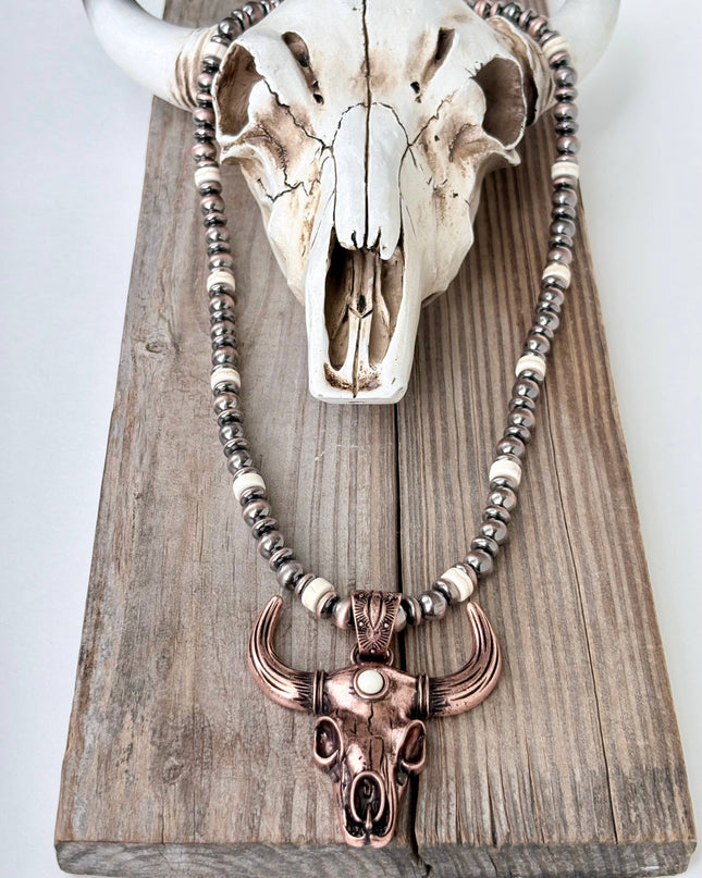 Western Style Navajo Pearl Bead Steer Head Pendant Necklace
