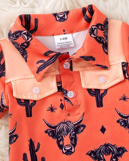Orange Highland cow printed baby romper. RPB50727 SOL
