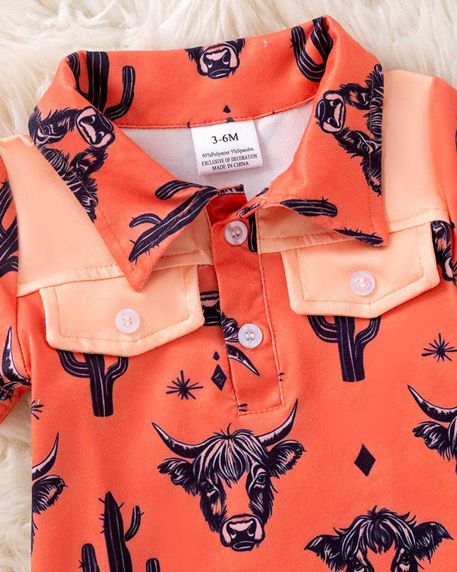 Orange Highland cow printed baby romper. RPB50727 SOL