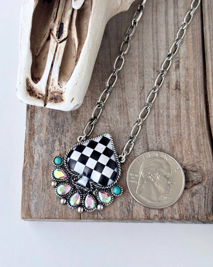 Checker Spade Turquoise Stone Rhinestone Pendant Necklace - Checkered