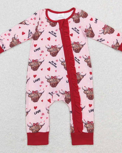 Baby Girls Western Highland Cow Valentines Hearts Zip Romper