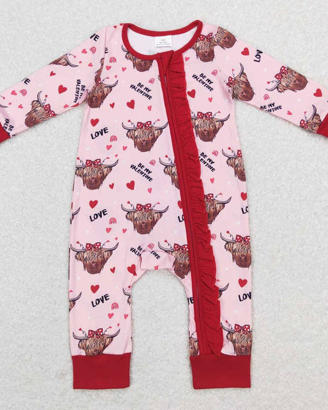 Baby Girls Western Highland Cow Valentines Hearts Zip Romper