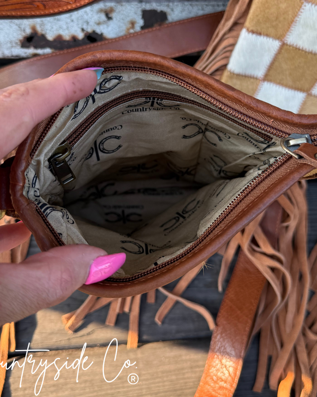 Stockdale Checkered Cowhide Fringe Purse, Brown & White