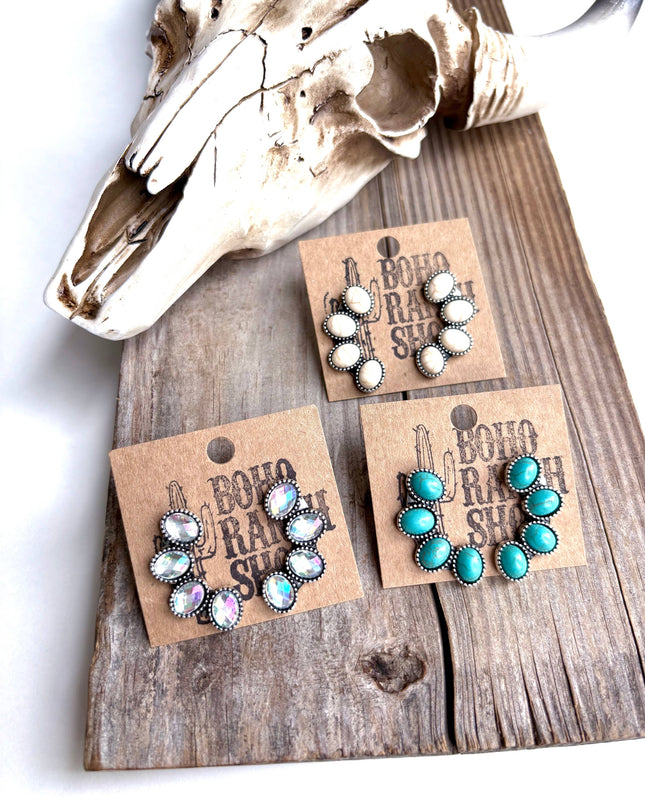 Western Cluster Squash Blossom Stone Stud Earrings