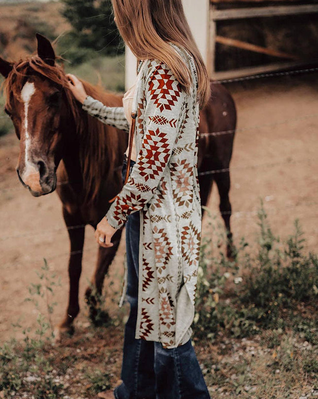 Brown Western Aztec Printed Open Front Long Cardigan