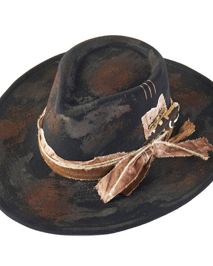 Distressed Fabric Band Rustic Cowgirl Fedora Hat