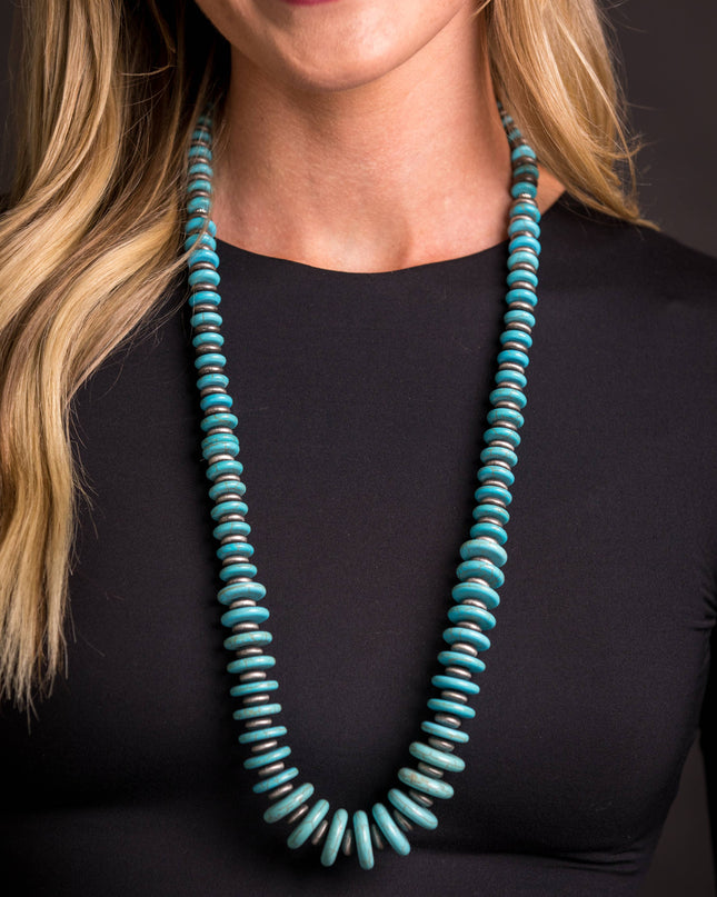 36"" Turquoise and Faux Navajo Pearl Graduated Disc Necklace