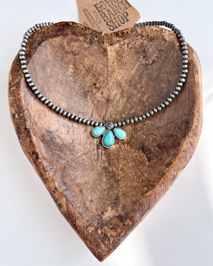 Western Turquoise Stone Pendant Navajo Pearl Choker Necklace
