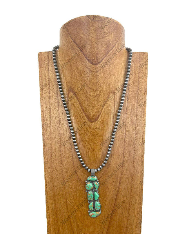 NKY241126-03            22 Inches silver Navajo pearl beads with green stone pendent Necklace